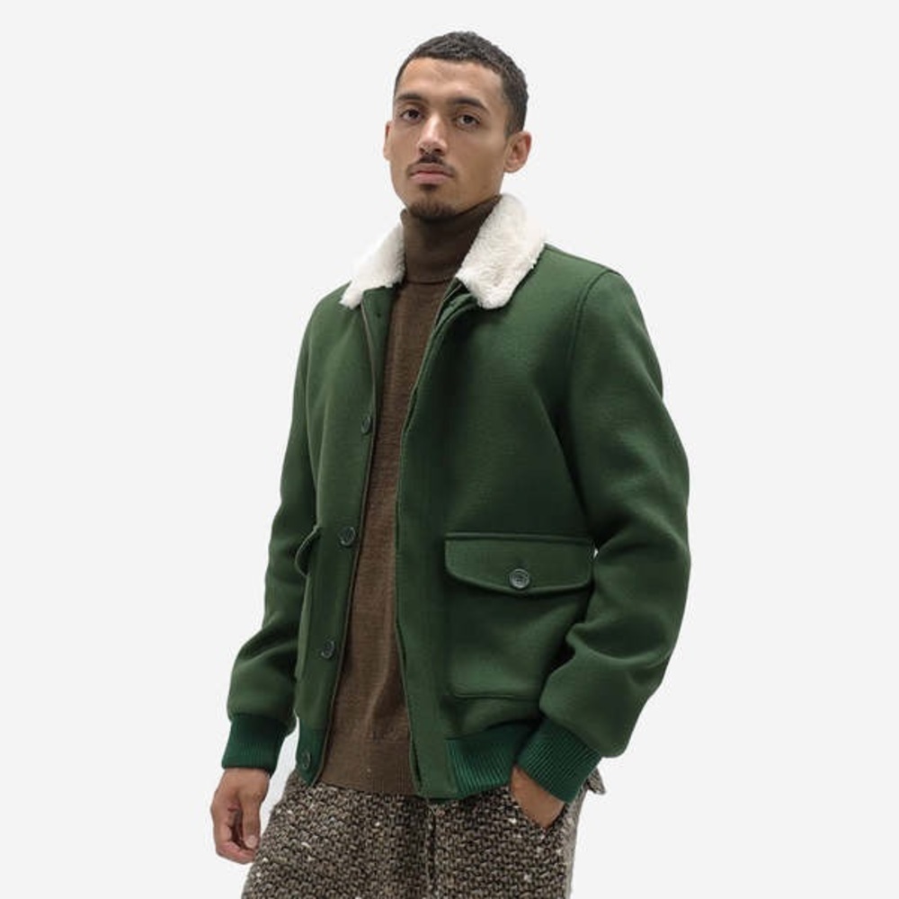 FAR AFIELD CUPAR CLASSIC FLIGHT JACKET DOUBLE TWILL GREEN Wool Coat XL 4 Warm
